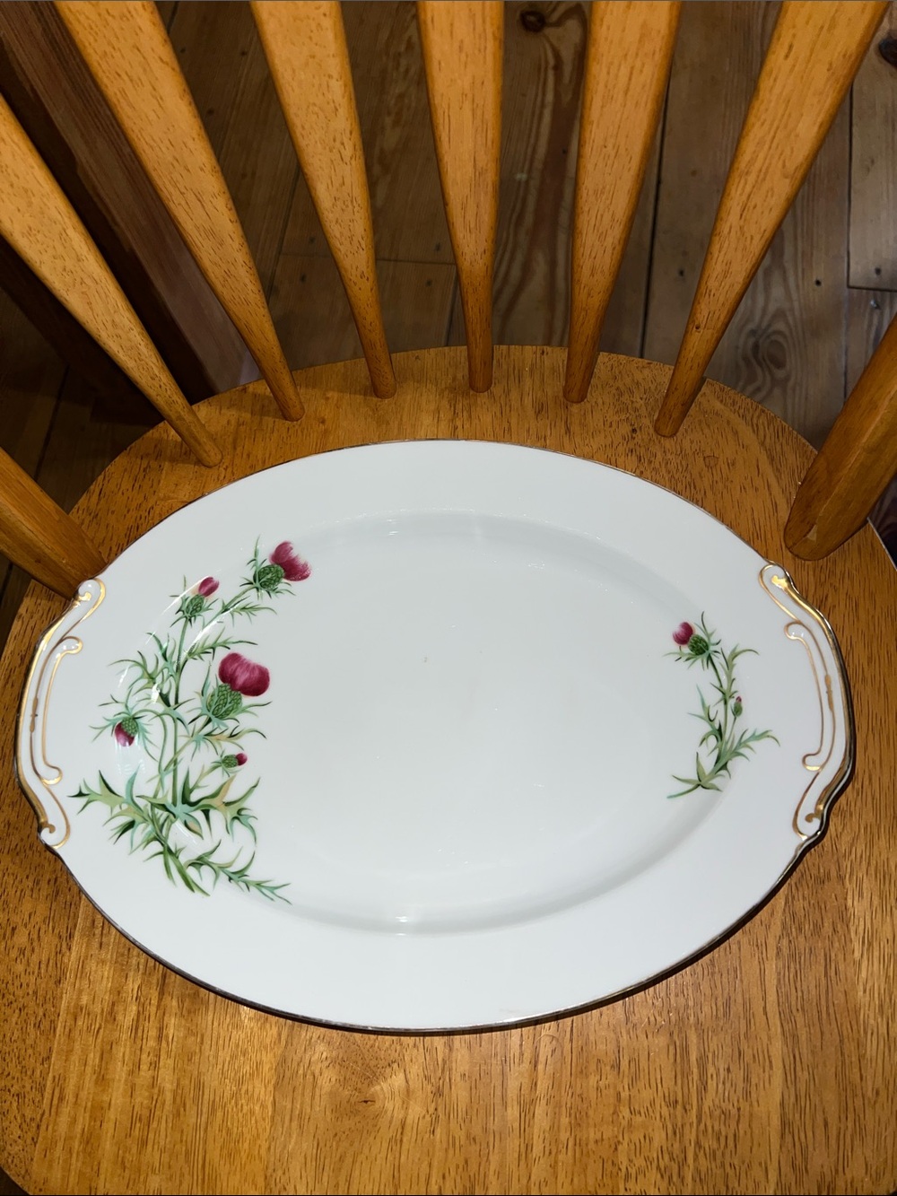 White Porcelain Serving Platter with Pink Thistle 371 Japan and Gold Trim